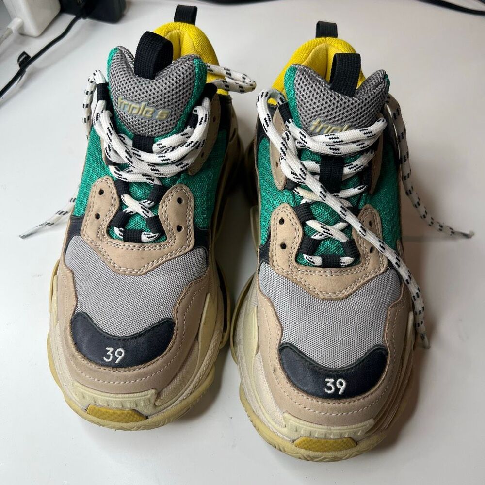Balenciaga Triple S Low Top Lace-Up Colorblock Sneakers Beige Green Yellow 39